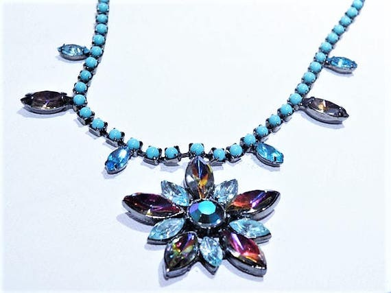 TIARA MISU Contemporary Fashion Designer Signed Rhinestone Necklace Art Glass Miss Ellie NYC Mid Century Hollywood Regency Inspired Revival
