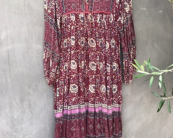 vintage indian cotton gauze rare dress red purple floral lurex small medium