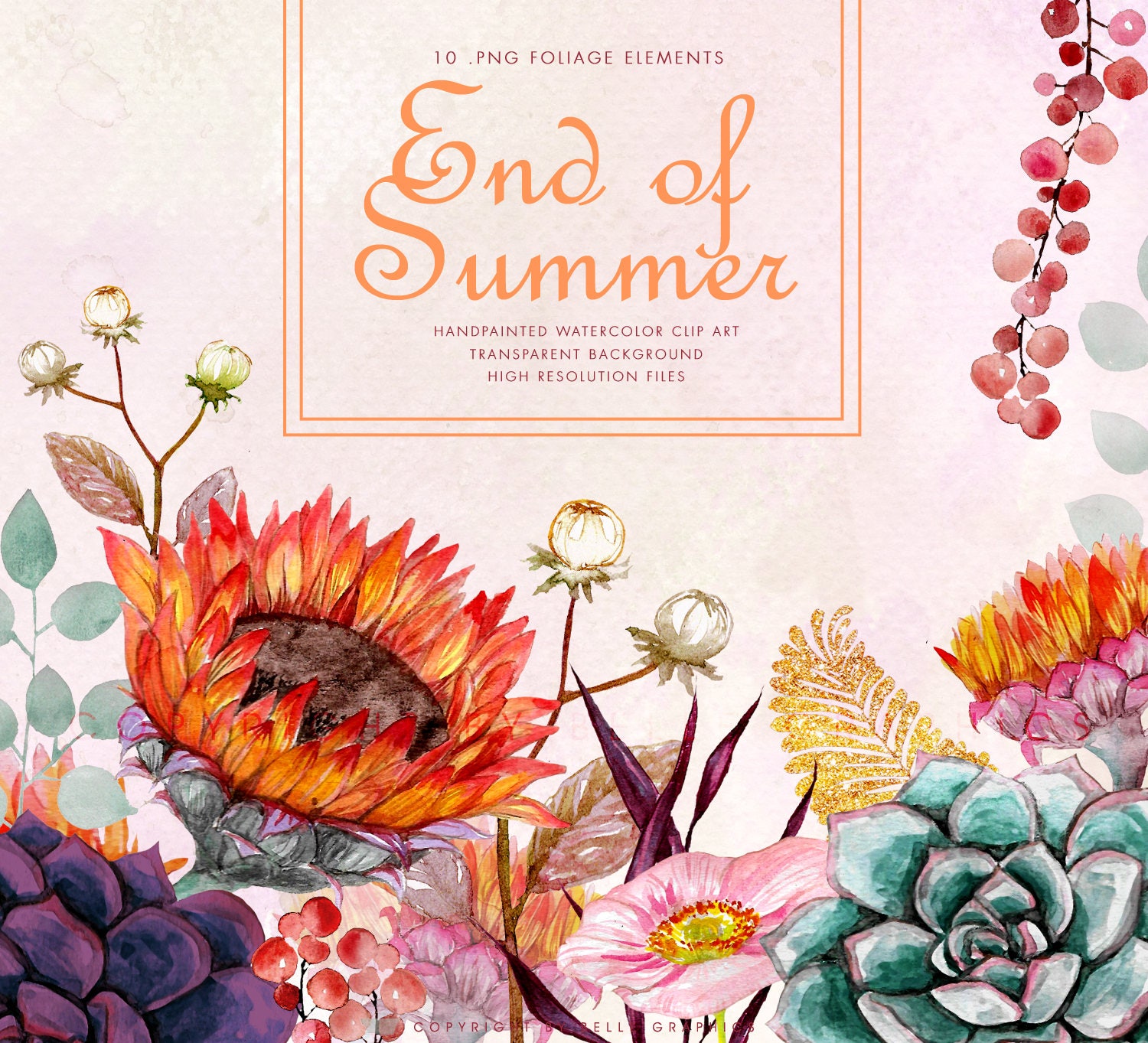 End of Summer original floral watercolor clipart set