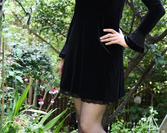 Vintage 1960s Black Velvet Dress with Bell Sleeves and Collar