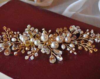 Gold hair comb, Bridal Headpiece, Bridal Hair Comb, Gold wedding Hair piece, pearl and crystal hair comb, bridal Hair Piece Hair Accessories