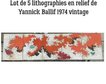 Set of 5 lithographs abstract Yannick Ballif 1974 vintage embossed