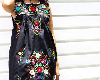 Traditional Mexican Dress, Black Mexican Dress, Frida Kahlo Dress, Oaxacan Dress, Mexican Dresses, Cinco de Mayo Dress, Mexican Dress Women