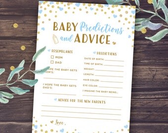 Baby Prediction Cards and Baby Advice, Boy Baby Shower, Blue and Gold Themed Baby Shower Games, Printable PDF, Blue and White DIY, Advise
