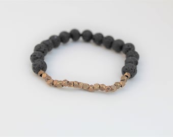 Minimalist Lava Bead Essential Oil Diffuser Bracelet · 8mm · Brass or Silver Faceted Cube Accents · Aromatherapy