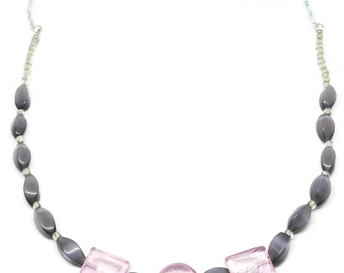 Pink Lampwork and Purple Glass Beaded Necklace, Long Beaded Necklace, Unique Birthday Gift, Gift for Her, Pink & Purple Necklace