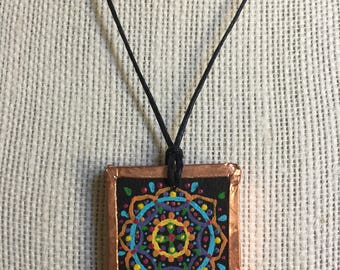 Flower mandala pendant, Bohemian statement necklace, Unique womans necklace, Artistic accent jewelry, Miniature painted necklace