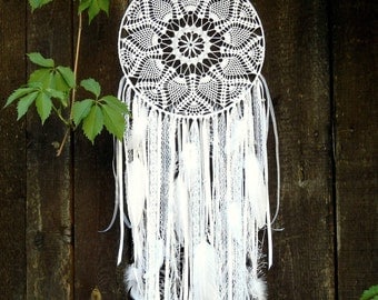 Large white lace dreamcatcher Boho wedding decor Bedroom decoration wall hanging Dreamcatcher with crystals Hippie style home decoration