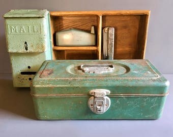 Vintage Industrial 1960's Light Teal Green Metal Toolbox with Ruler Top Lid & Rusted Patina - Vintage Industrial Storage / Decor
