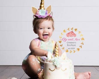 Unicorn headband, pastel colors and gold unicorn headband, unicorn party headband, gold glitter elastic unicorn headband