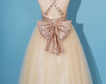 Rose gold sequins dress/pageant dress/ rose gold flower girl dress/Criss-cross girl dress/champagne tulle dress/dress with sequins bow