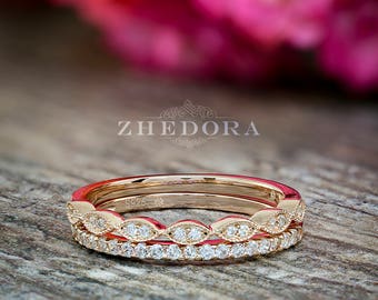 Half Eternity Band And Art Deco Band 0.25 CT Rose Gold Plated Round Cut Simulated Diamonds Sterling Silver Bridal Band Wedding Bands