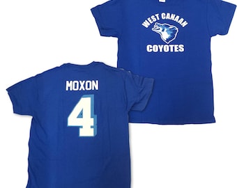 Jonathan Moxon T-shirt # 4 West Canaan Coyotes Jersey Shirt As Worn In Varsity Blues Movie Football QB Team Player Costume Adult Blue