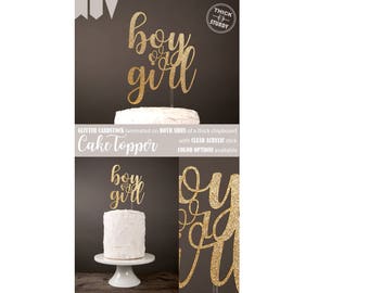 Boy or Girl cake topper, Gender reveal cake topper for baby shower, Gold Glitter party decorations, cursive topper