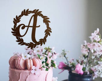 Monogram Cake Topper Wedding Wreath Cake Topper Rustic Initials Cake Topper Letter Gold Cake Topper Party Decor Anniversary Wedding Monogram