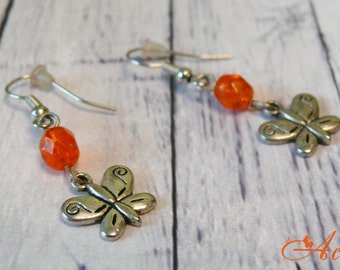Orange crystal butterfly metal silver charm earrings Animal charms jewelry 3d Metal butterfly art Butterfly gift Butterfly party earrings