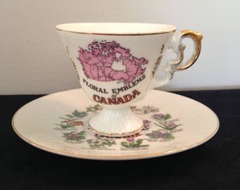 Floral EMBLEMS of Canada small souvenir kitschy pedestal base tea cup demitasse and saucer