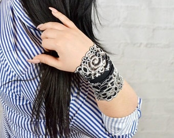 Black Wristband, Lace Bracelet, Lace Wrist Cuff, Lace Jewelry, Wrist Tattoo Cover, Stretch Bracelet, Lace Arm Band, Wide Lace Cuff, w4144