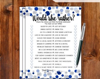 Would She Rather Bridal Shower Game - Blue Dots & Diamonds Theme Printable Bridal Shower Game - Bachelorette Party Night - Hen Party DD79-BL