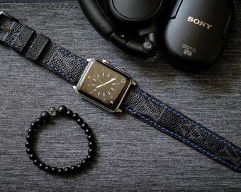 Artisan Watch Strap Handmade LV Strap Blue Stitching L1 Fits Apple watch Series 1 Series 2, Nike+ version 38mm or 42mm