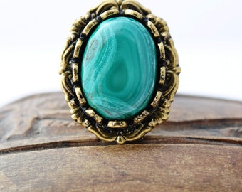 Gemstone Ring Green Jewelry Green Ring Malachite Ring Cabochon Ring Gold Ring Adjustable Ring Statement Ring Art Nouveau Ring Antique Ring