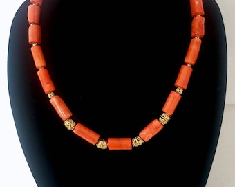 Orange Bamboo Coral Necklace with Beads