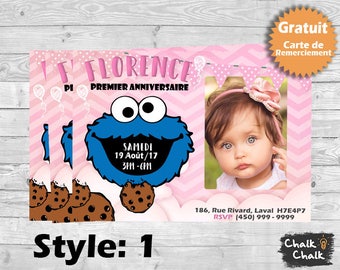 Carte d'invitation anniversaire Cookie Monster Chalkboard, Sesame Street,Carte personalisée rose, pink,premier anniversaire, bebe fille
