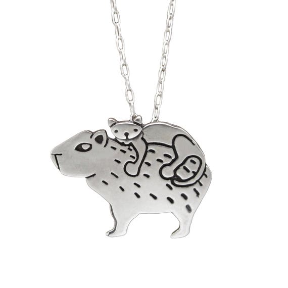 Sterling Cat and Capybara Necklace Cute Silver Animal