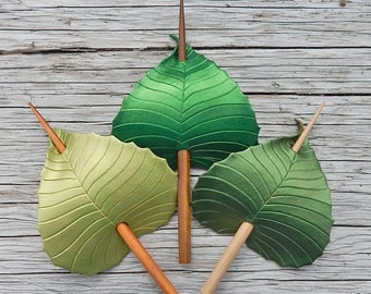 Green Leaf Leather Hair Accessory, Shawl Pin or Hair Stick Barrette - Gift for Her, Choose Emerald, Peridot or Olive - Small to Medium Size