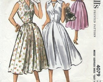 1950s McCall's 4079 Vintage Sewing Pattern Misses Shirtwaist Dress, One Piece Dress, Full Skirt Dress, Sleeveless Dress Size 14 Bust 34