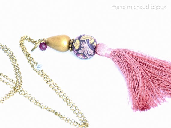 Necklace with tassel,Boho necklace with tassel,Boho chic necklace,Silk tassel necklace,Liberty necklace,Romantic necklace,Pastel necklace