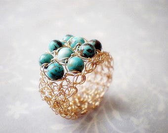 Turquoise and gold crochet ring, crochet gold filled wire ring, Size made to order