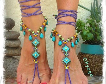 Turquoise LOVE BAREFOOT Sandals Boho Festival sandals Native Cowgirl PURPLE Gypsy Wedding foot wear Crochet foot jewelry Summer Fun GPyoga