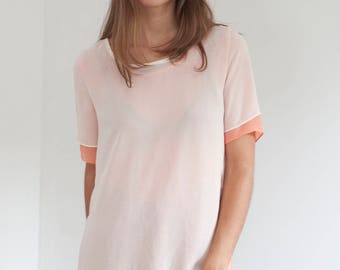 Layered gauzy tee - coral and cream layered top - S