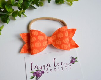 READY TO SHIP, Orange Pumpkins Fabric Felt Bow on Nylon Headband or Clip, Newborn, Smash Cake, Sparkle Bow Clip, Toddler, First Birthday