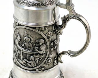 Large Artina SKS Zinn 95% Pewter German Embossed Lidded Stein Men Socializing Card Playing