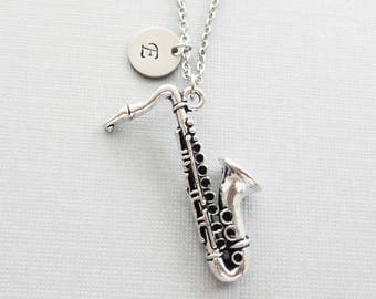 Saxophone Necklace, Sax, Wind Instrument, Jazz, Band,Music, BFF, Friend Gift, Silver Initial, Personalized, Monogram, Hand Stamped Letter