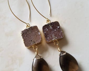 Smoky Quartz Earrings - Druzy Earrings - Drop earrings - Long Gold Earrings - Gold Filled Earrings - Agate Jewelry - Druzy Jewelry