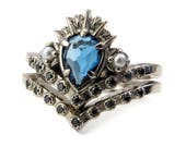 Sea Witch Engagement Ring Set - London Blue Topaz Pear with Seed Pearls and Black Diamonds - Ursula