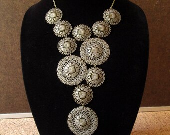 Statement bib necklace, antique brass tone filigree bib necklace