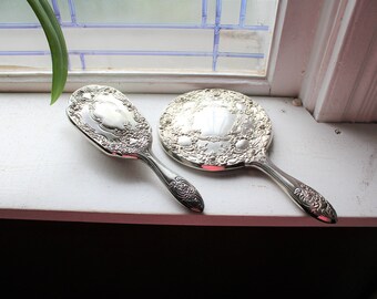 Antique Brush and Mirror Vanity Set Silverplate Art Nouveau