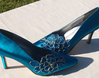 Red Satin & Lace Wedding Shoes Sexy Teal Heels, 3 1/2" Closed Toe Heels, Pointy Toe Satin Pumps, Teal Wedding, Peacock sexy pump Shoes,