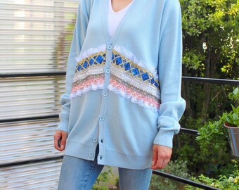 gilet bleu vintage broderies, sequins, dentelles