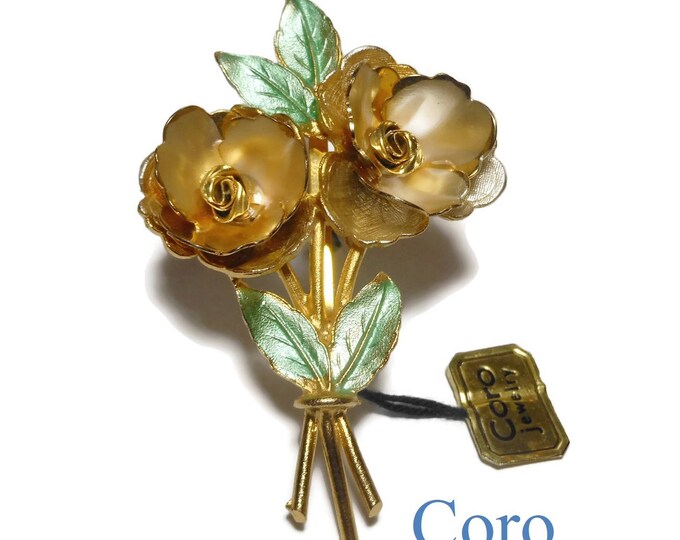 FREE SHIPPING 1940s Coro floral brooch, Original Coro Pegasus tag, gold enamel petals flowers, green leaves two gold flowers, Coro in script