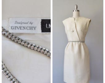 rare vintage 1960s Givenchy for I. Magnin cream silk dress with rhinestone belt size small - medium