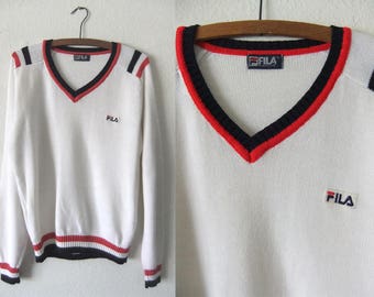 FiLA Vintage Sweater - Tennis Style Preppy V Neck Jumper - Sporty Ivy League Lightweight Knit Top - Womens Large
