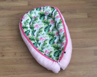 Baby nest, baby lounger, baby change pad, reversible, flamings, flamingo, palms, leaves, monstera