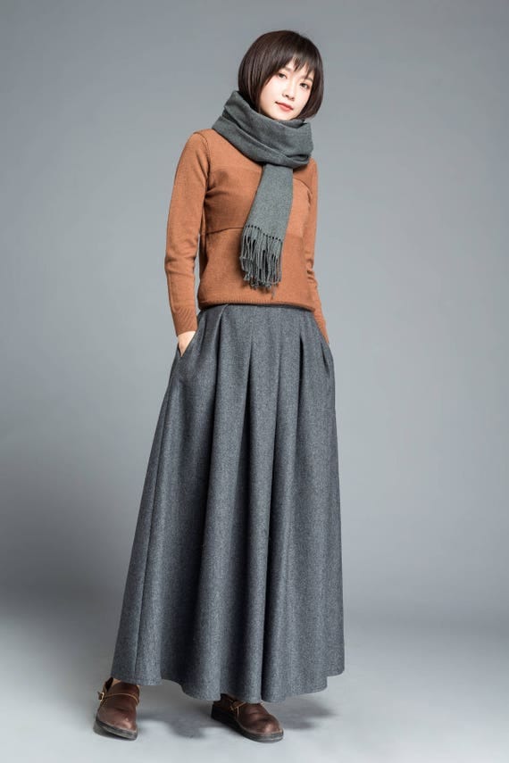 Winter wool skirt maxi skirt dark gray wool skirt 1094#