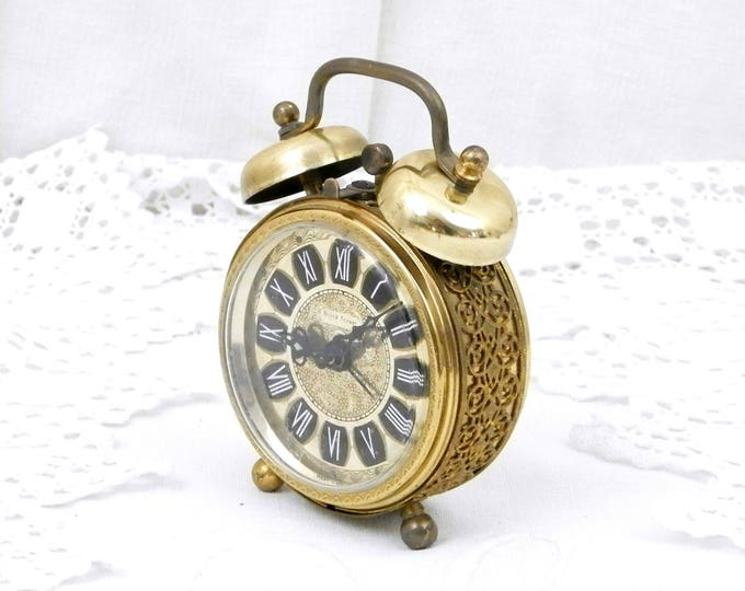 Small Working Vintage West German 1960s Metal Mechanical Wind Up Alarm Clock with Roman Numerals and Filigree Decoration, Mid Century