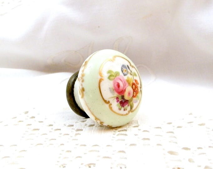 Vintage White Porcelain and Brass Hand Painted Floral Pattern with Mint Green and Gold Gilt Boarder Furniture Pull Handle / Knob